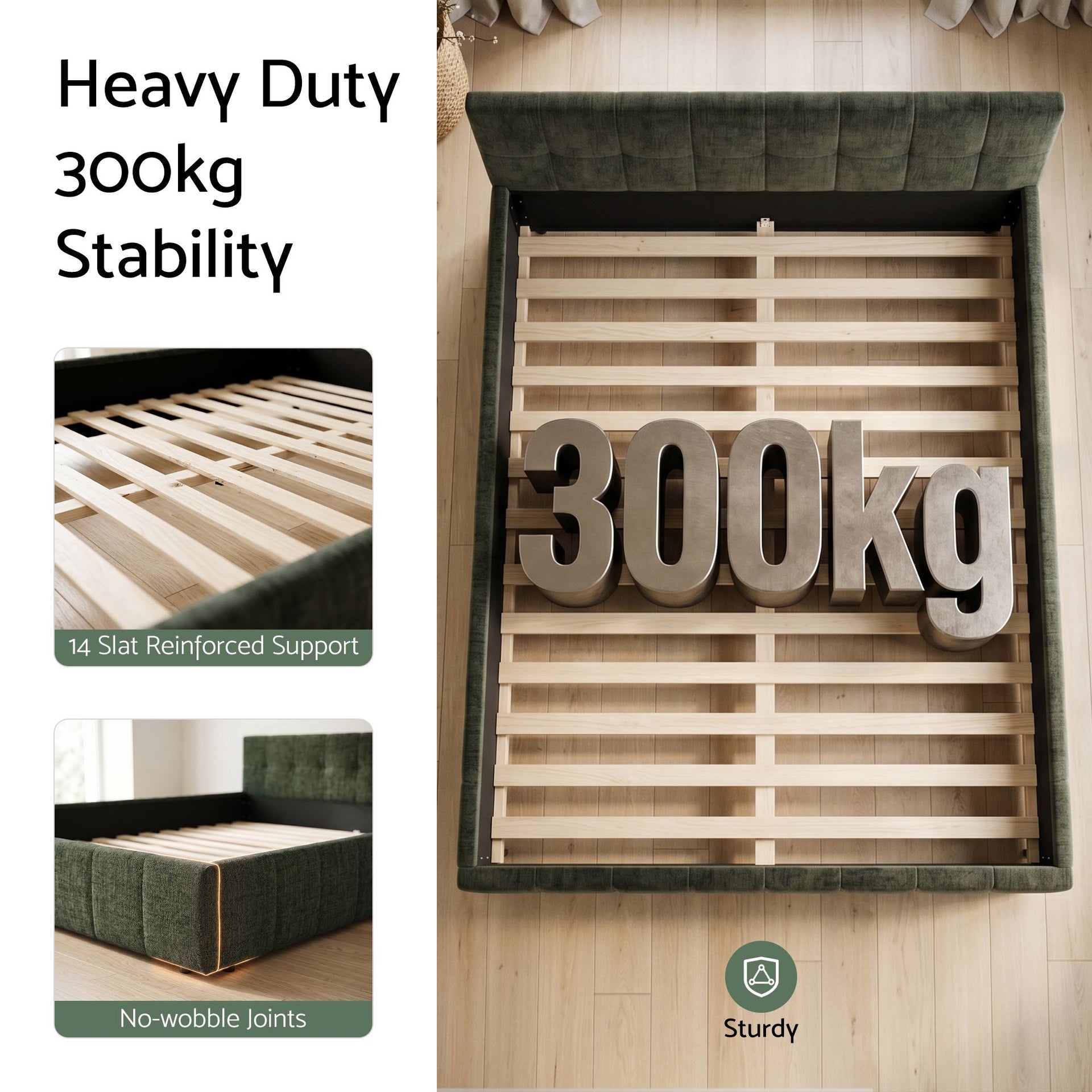 Artiss King Bed Frame Chenille Heavy Duty Platform Base Green 300kg Support No Box Spring Needed Awezingly