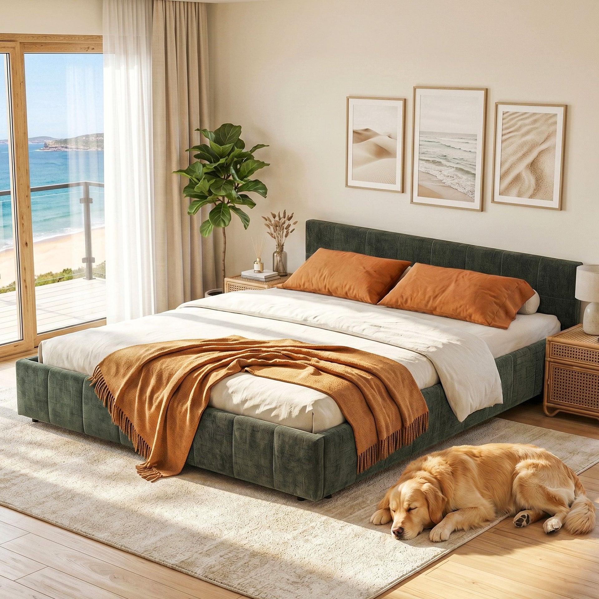 Artiss Queen Bed Frame Chenille Heavy Duty Platform Base Green 300kg Support No Box Spring Needed Awezingly