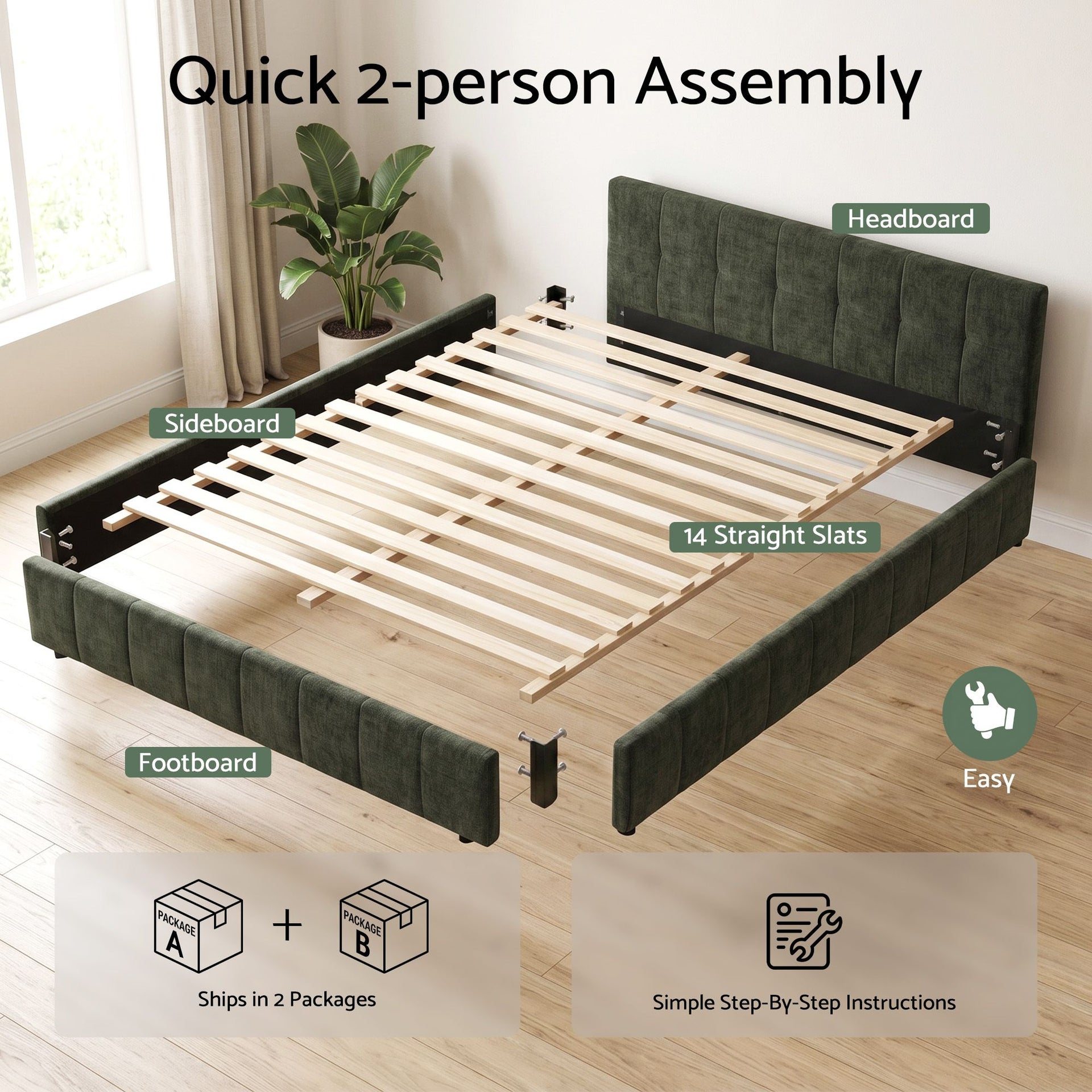 Artiss Queen Bed Frame Chenille Heavy Duty Platform Base Green 300kg Support No Box Spring Needed Awezingly