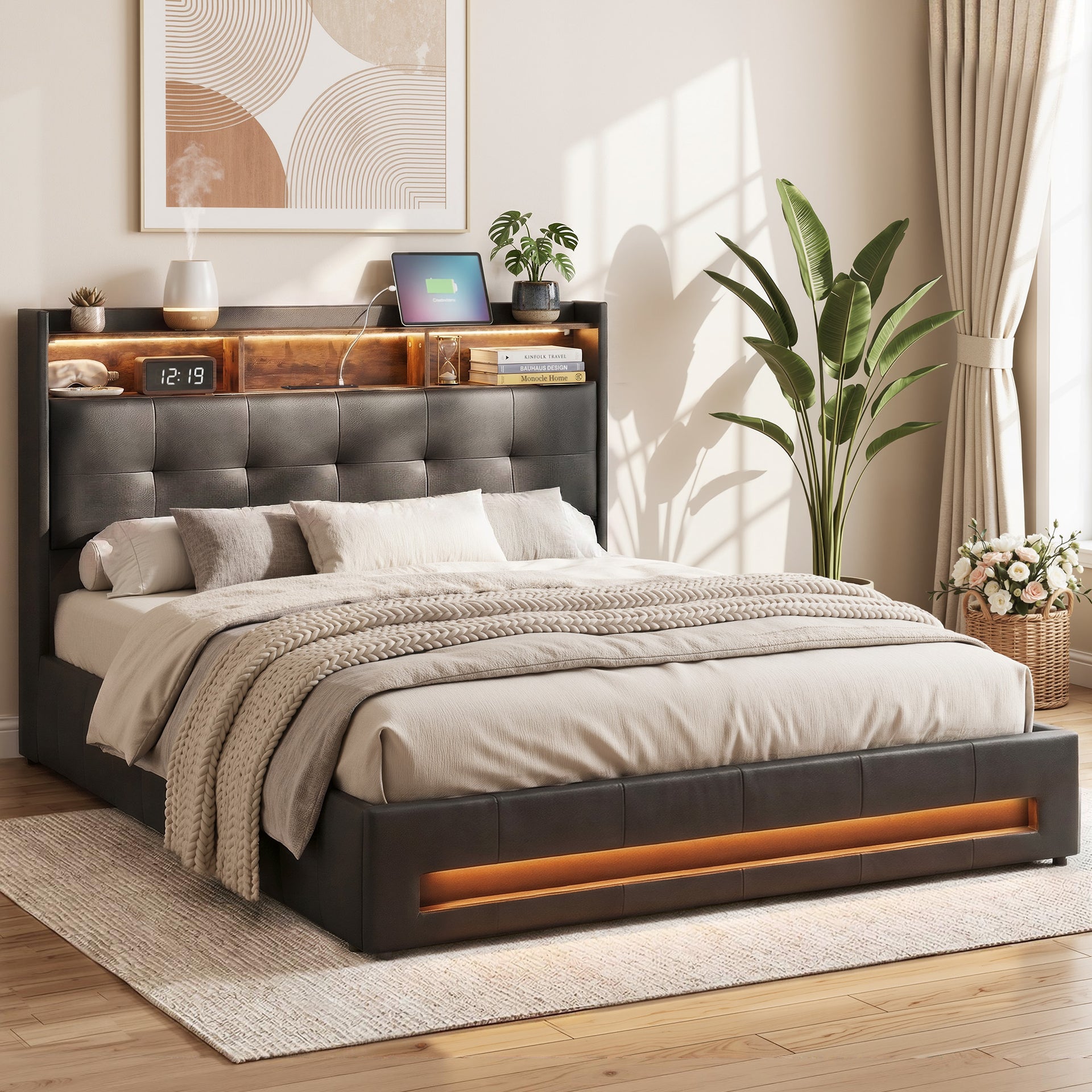 Artiss Double Bed Frame with Gas Lift Storage LED Lights Charging Station Headboard with Open Shelf Awezingly
