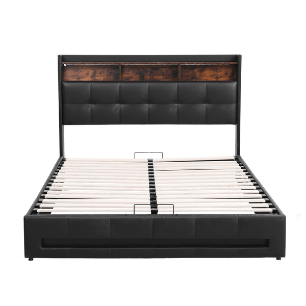 Artiss Double Bed Frame with Gas Lift Storage LED Lights Charging Station Headboard with Open Shelf Awezingly