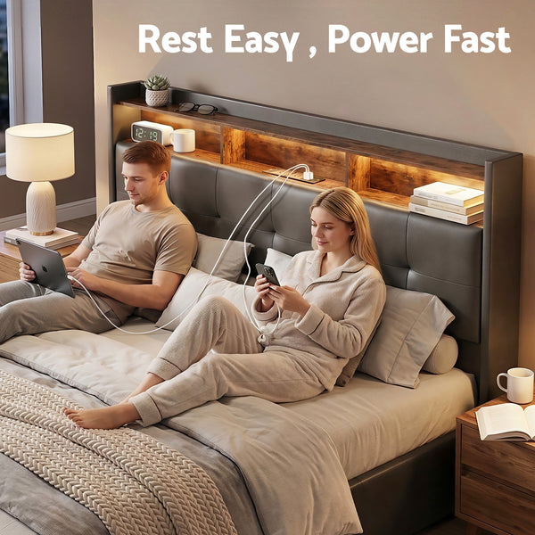 Artiss Double Bed Frame with Gas Lift Storage LED Lights Charging Station Headboard with Open Shelf Awezingly