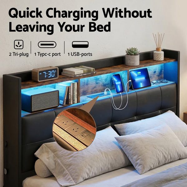 Artiss Double Bed Frame with Gas Lift Storage LED Lights Charging Station Headboard with Open Shelf Awezingly