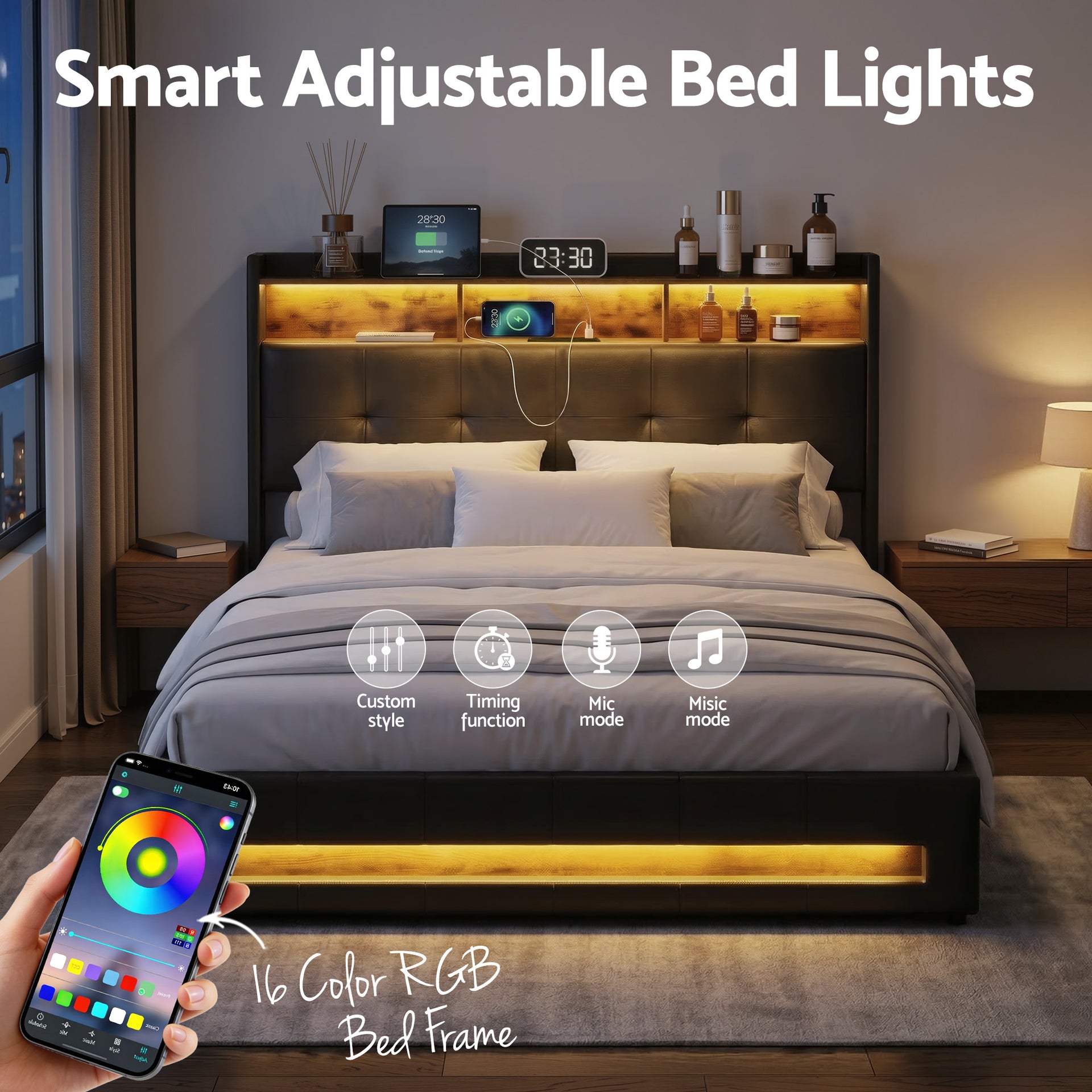 Artiss Double Bed Frame with Gas Lift Storage LED Lights Charging Station Headboard with Open Shelf Awezingly