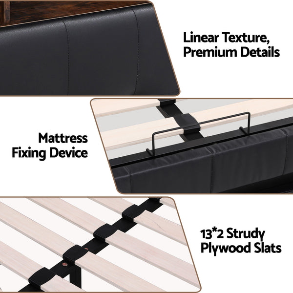 Artiss Double Bed Frame with Gas Lift Storage LED Lights Charging Station Headboard with Open Shelf Awezingly