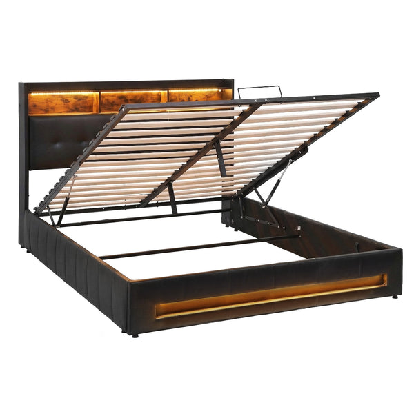 Artiss Double Bed Frame with Gas Lift Storage LED Lights Charging Station Headboard with Open Shelf Awezingly