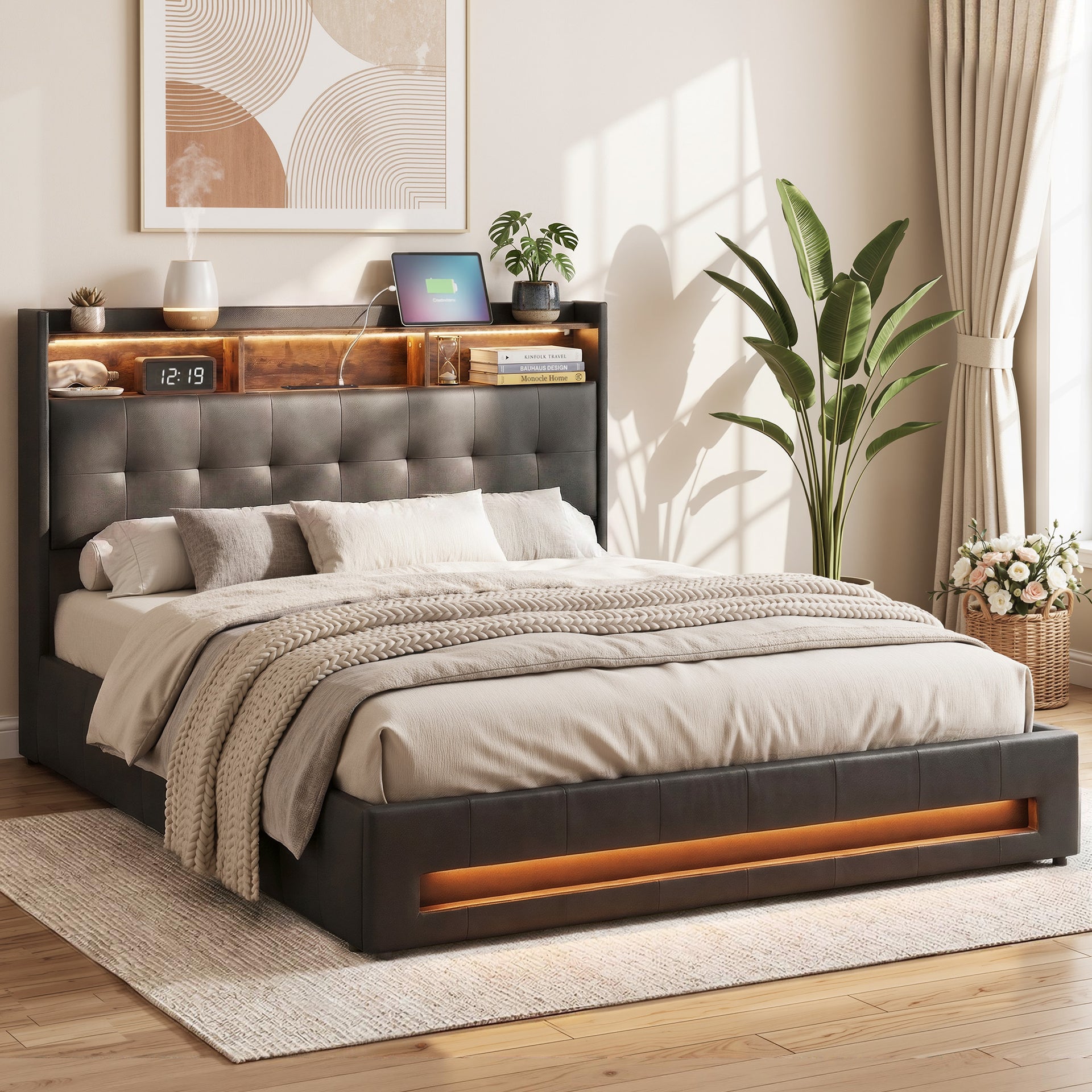 Artiss Queen Bed Frame with Gas Lift Storage LED Lights Charging Station Headboard with Open Shelf Awezingly