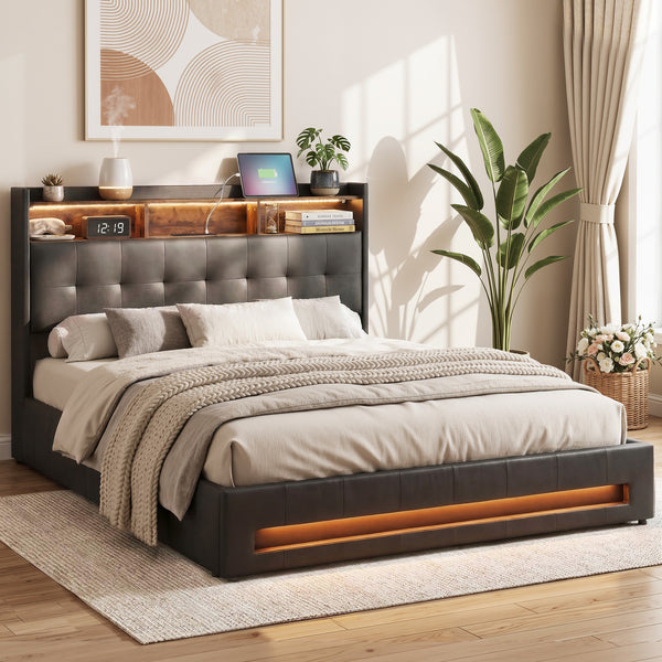 Artiss Queen Bed Frame with Gas Lift Storage LED Lights Charging Station Headboard with Open Shelf Awezingly