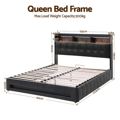Artiss Queen Bed Frame with Gas Lift Storage LED Lights Charging Station Headboard with Open Shelf