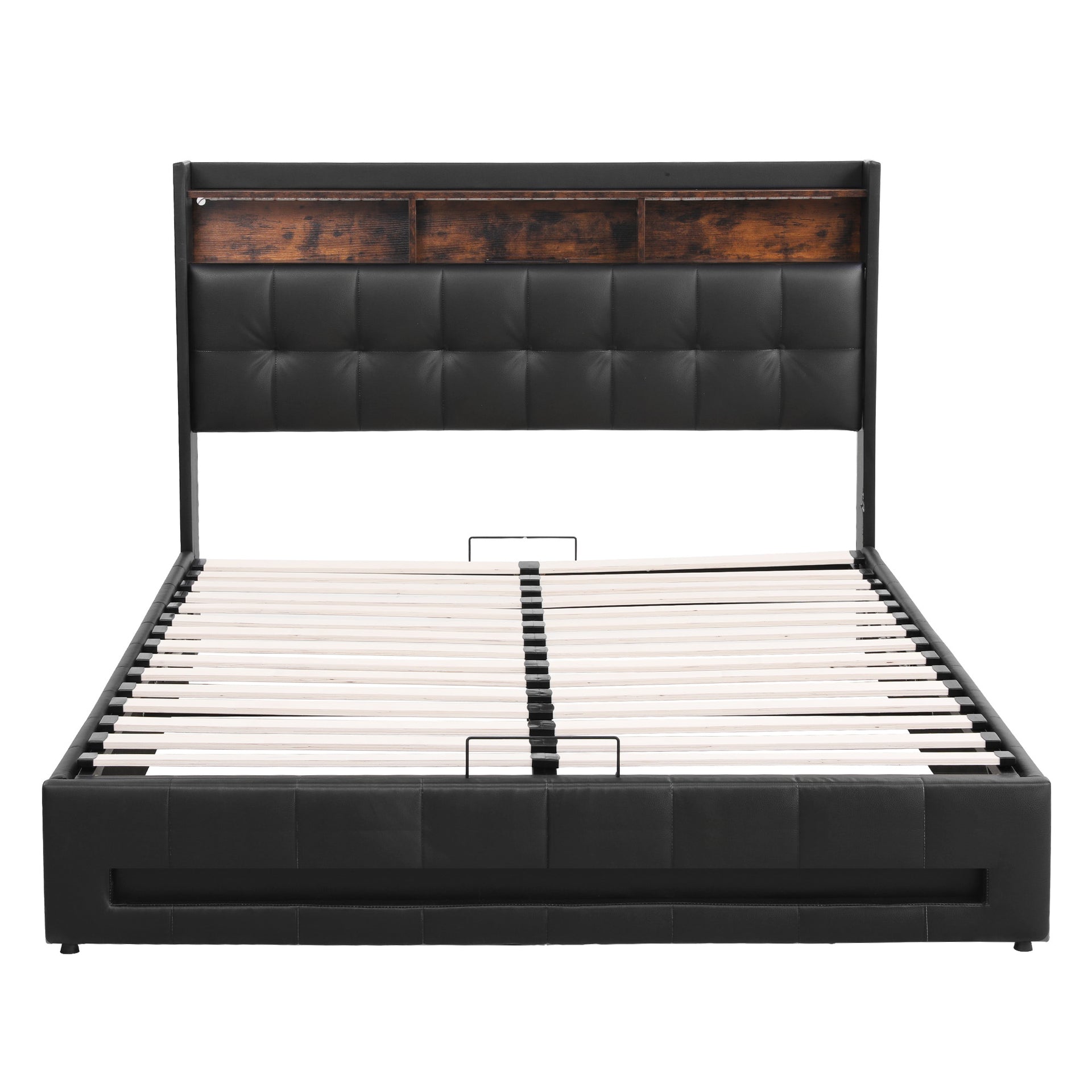 Artiss Queen Bed Frame with Gas Lift Storage LED Lights Charging Station Headboard with Open Shelf Awezingly