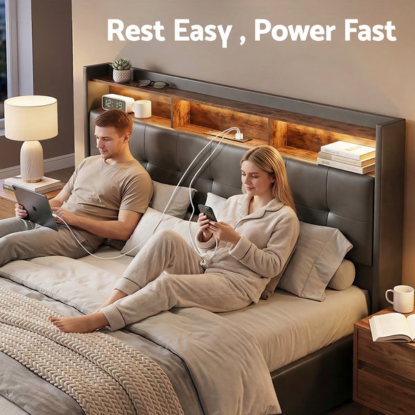 Artiss Queen Bed Frame with Gas Lift Storage LED Lights Charging Station Headboard with Open Shelf Awezingly
