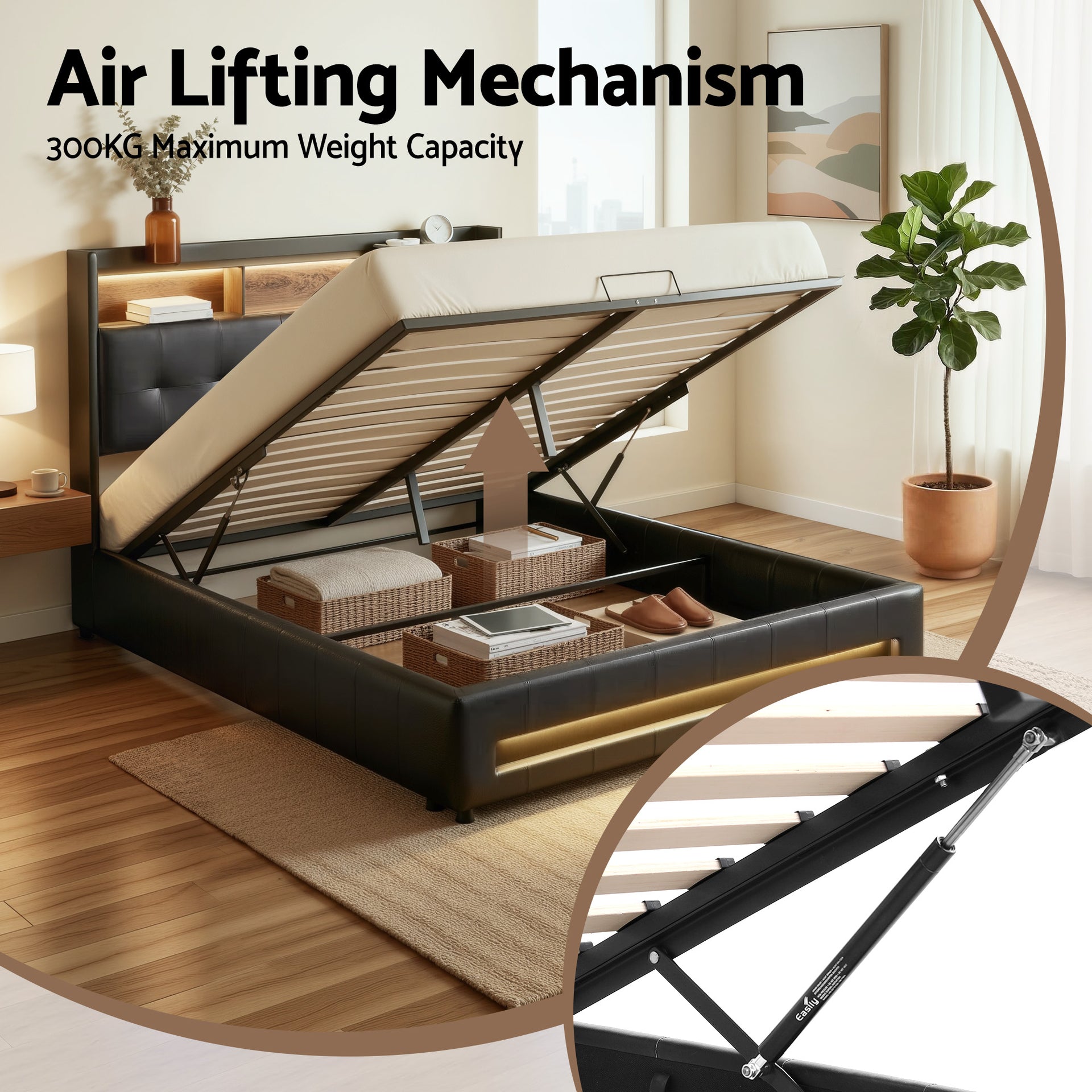 Artiss Queen Bed Frame with Gas Lift Storage LED Lights Charging Station Headboard with Open Shelf Awezingly