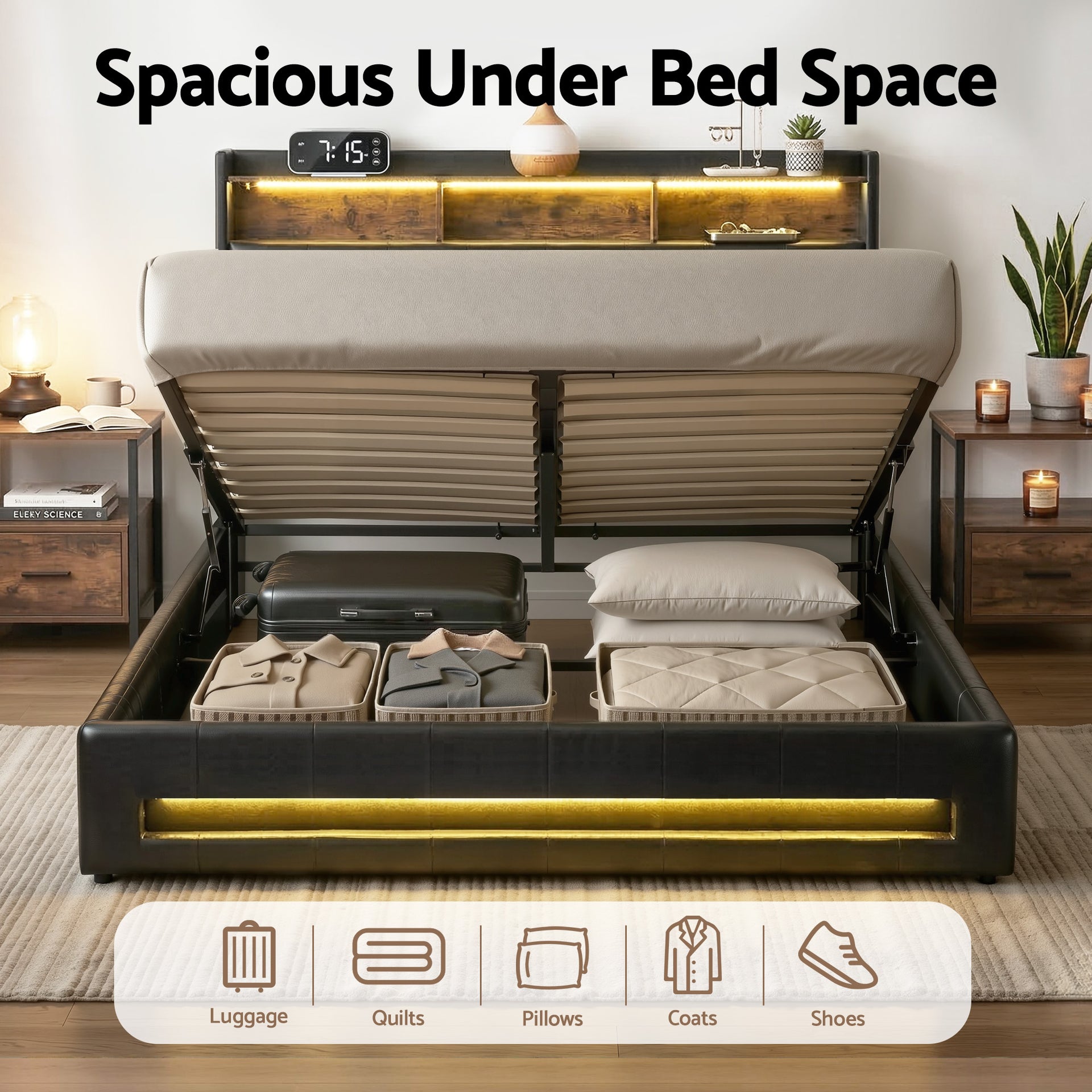 Artiss Queen Bed Frame with Gas Lift Storage LED Lights Charging Station Headboard with Open Shelf Awezingly