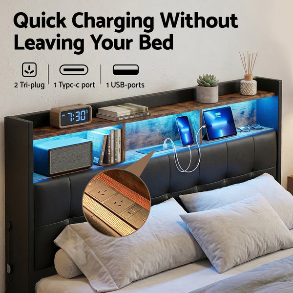 Artiss Queen Bed Frame with Gas Lift Storage LED Lights Charging Station Headboard with Open Shelf Awezingly