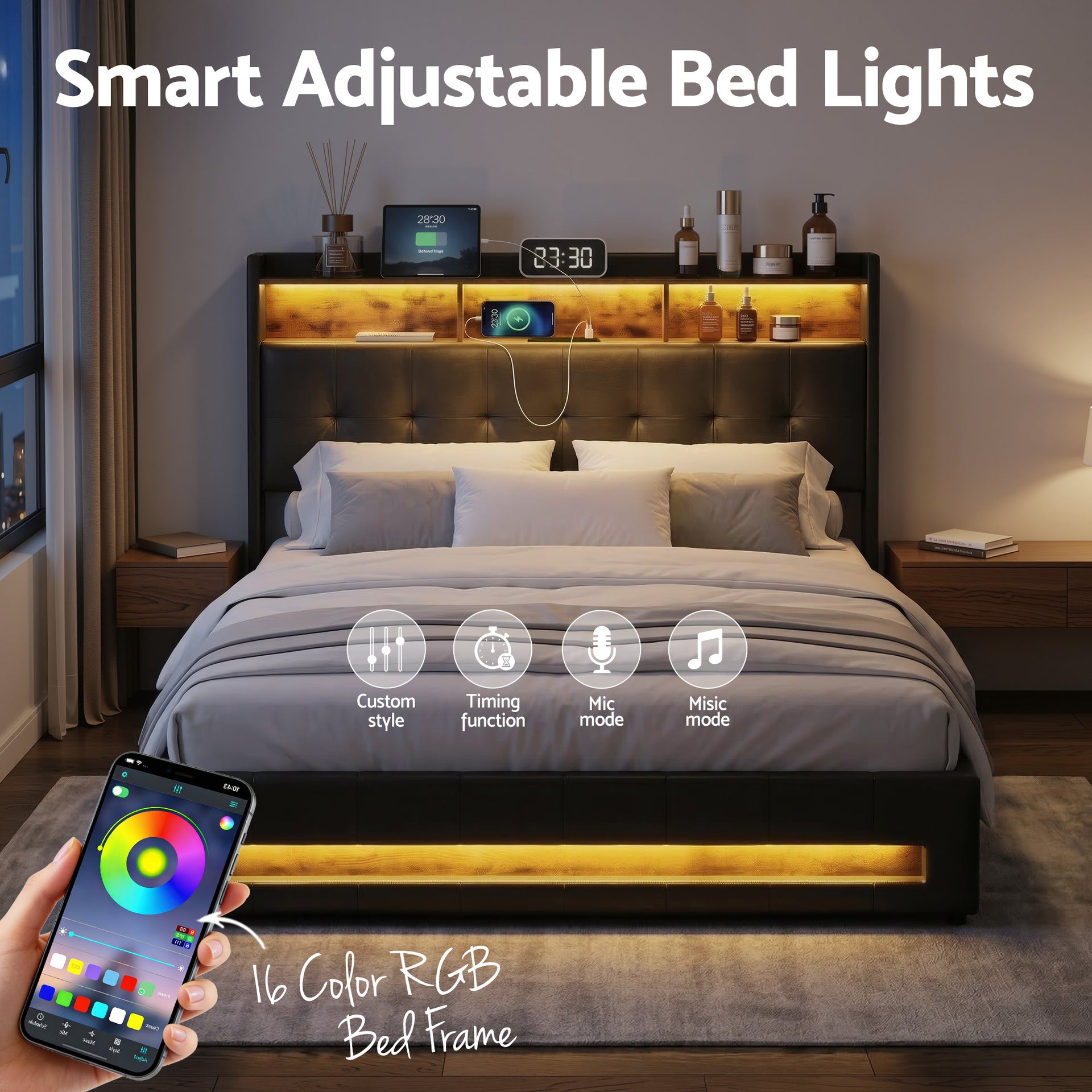 Artiss Queen Bed Frame with Gas Lift Storage LED Lights Charging Station Headboard with Open Shelf Awezingly