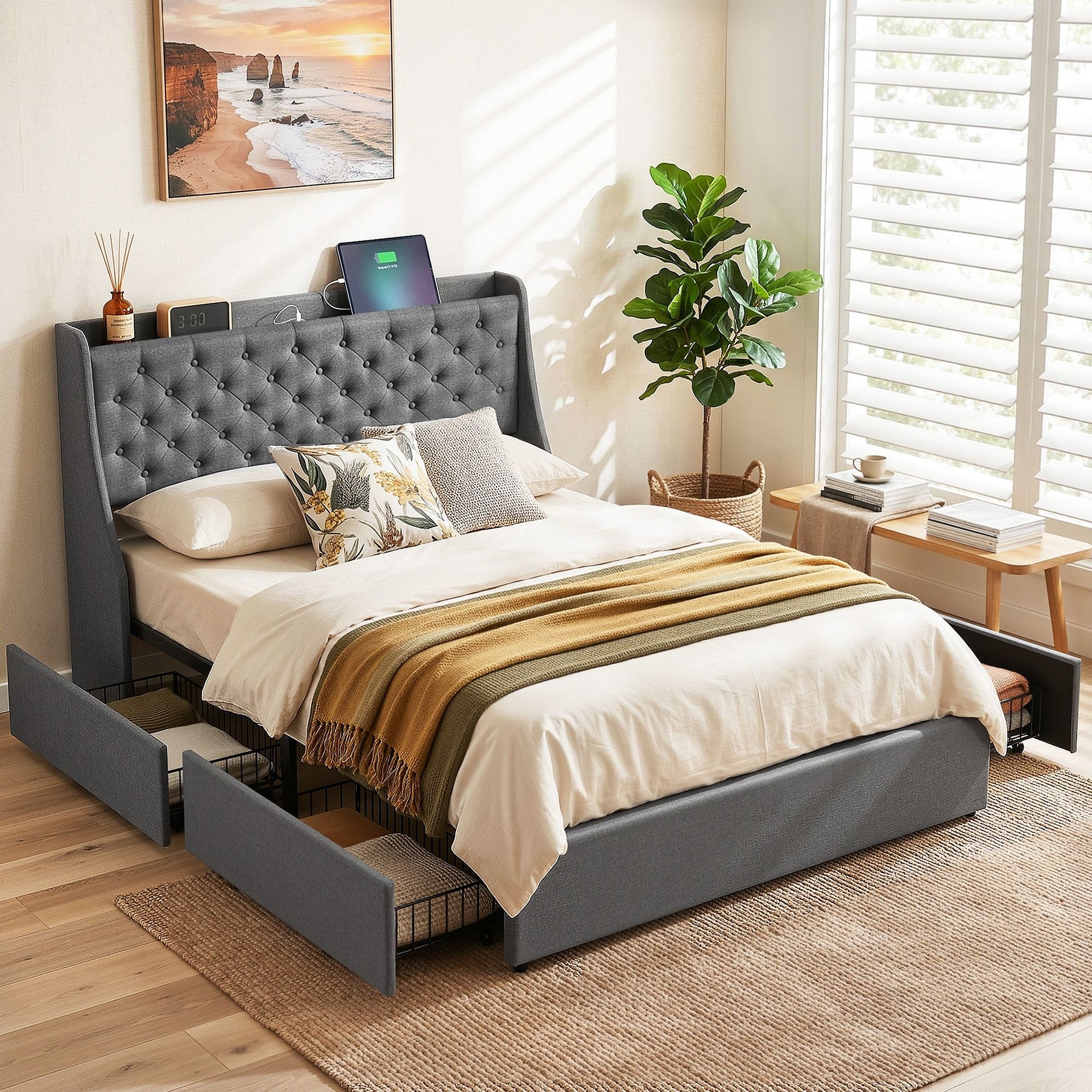 Artiss Double Bed Frame with 4 Storage Drawers and Charging Station Tufted Wingback Headboard 300kg Loads Charcoal Grey Awezingly
