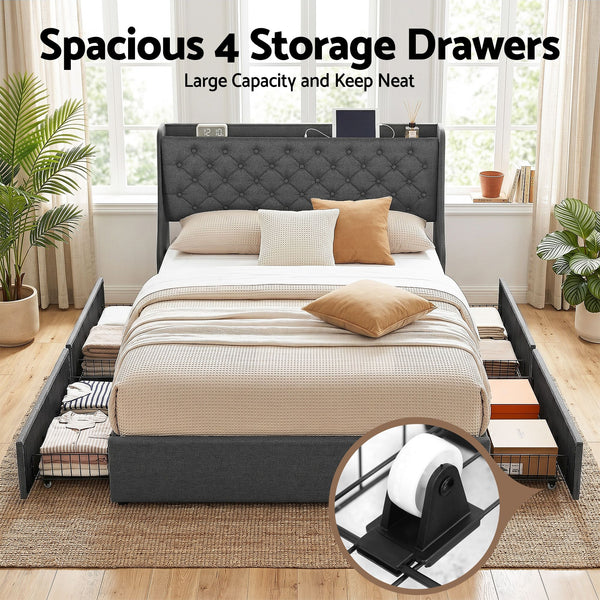 Artiss Double Bed Frame with 4 Storage Drawers and Charging Station Tufted Wingback Headboard 300kg Loads Charcoal Grey Awezingly