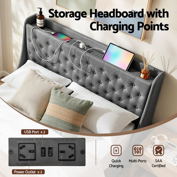 Artiss Double Bed Frame with 4 Storage Drawers and Charging Station Tufted Wingback Headboard 300kg Loads Charcoal Grey Awezingly