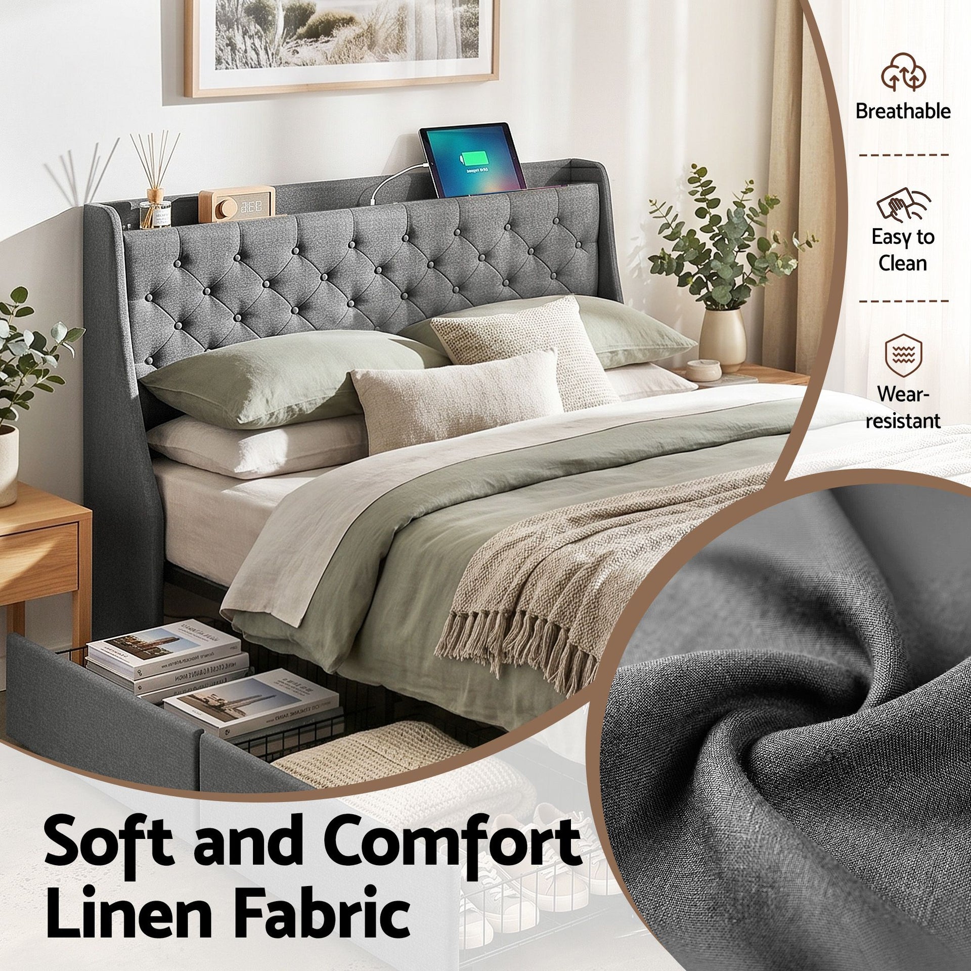 Artiss Double Bed Frame with 4 Storage Drawers and Charging Station Tufted Wingback Headboard 300kg Loads Charcoal Grey Awezingly