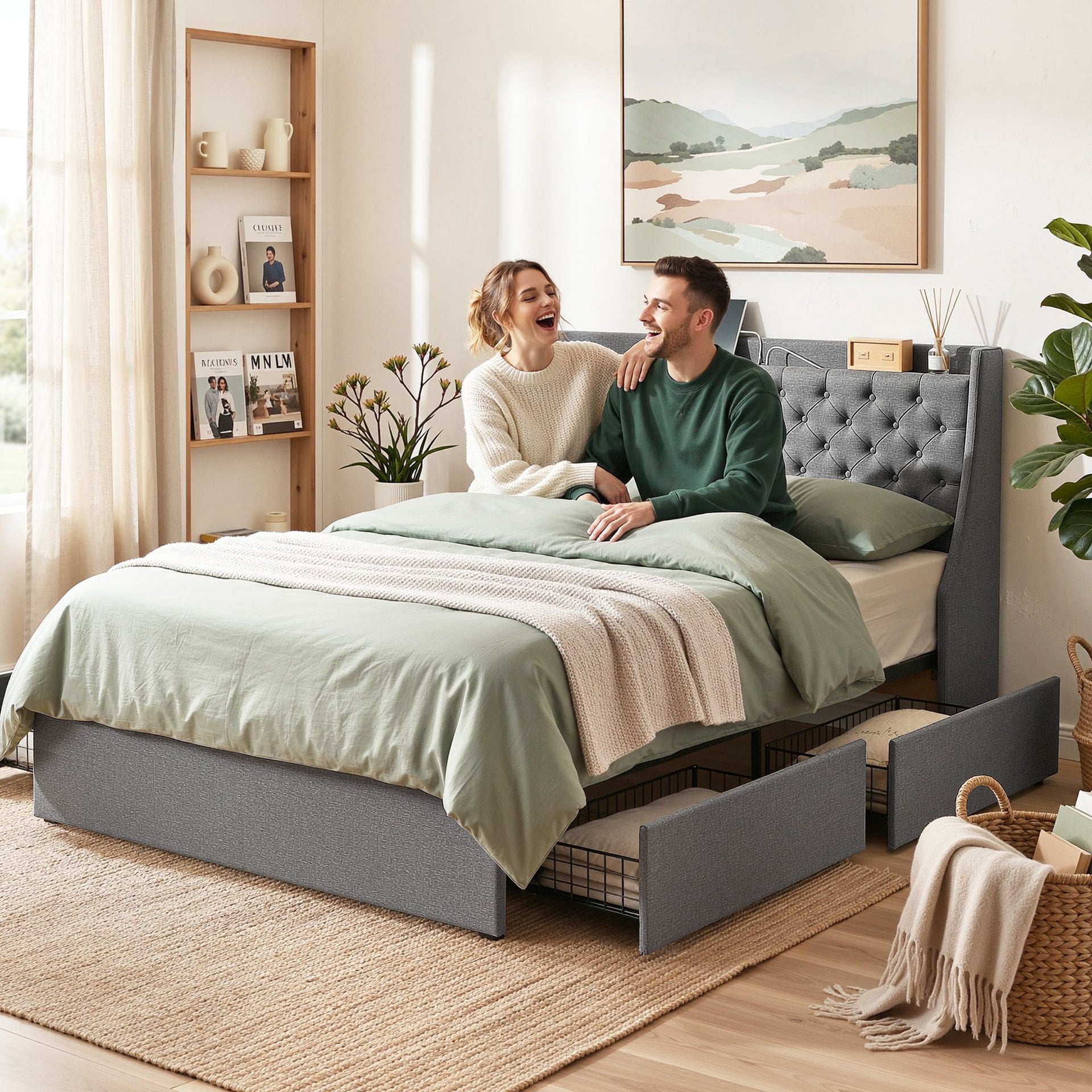 Artiss Double Bed Frame with 4 Storage Drawers and Charging Station Tufted Wingback Headboard 300kg Loads Charcoal Grey Awezingly