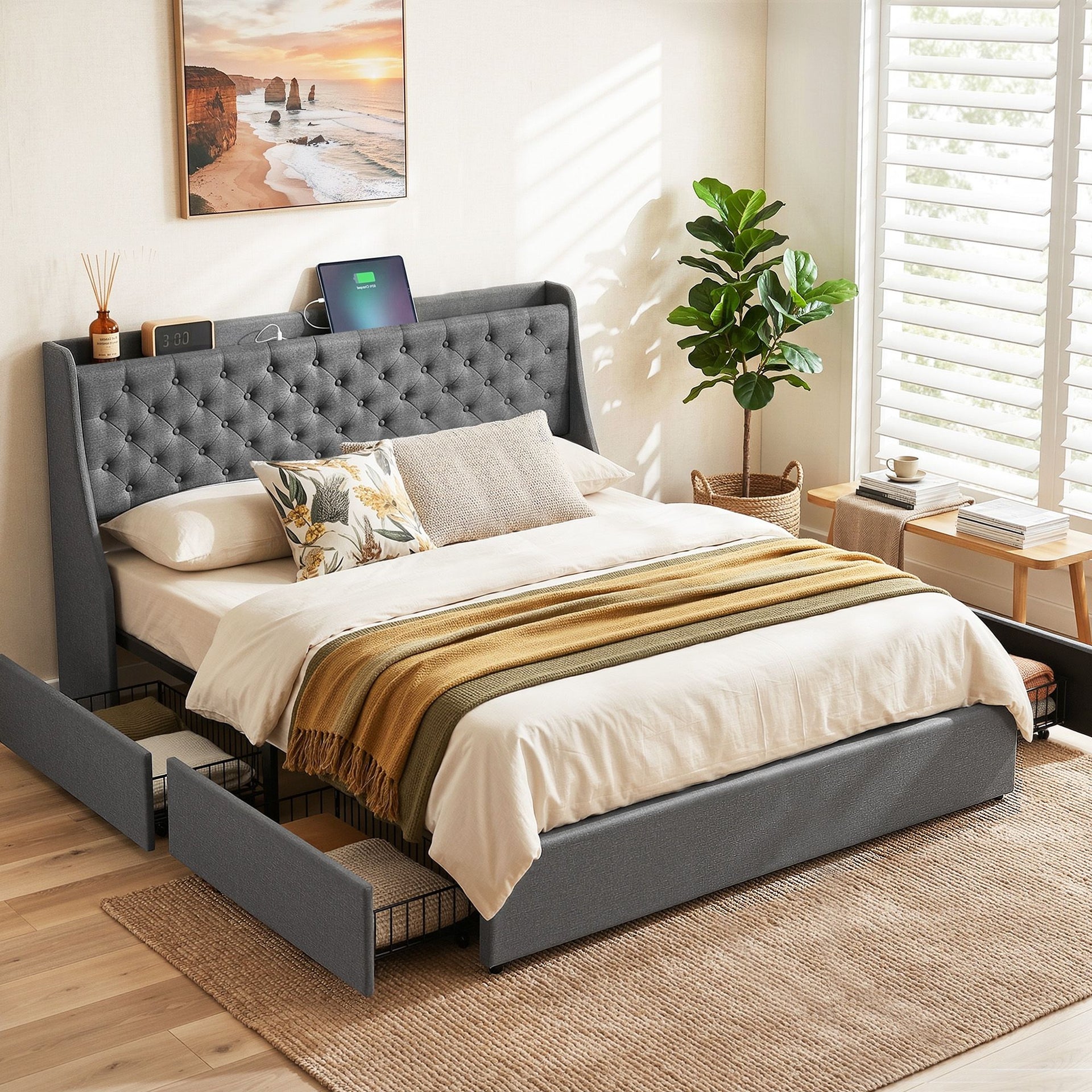 Artiss King Bed Frame with 4 Storage Drawers and Charging Station Tufted Wingback Headboard 300kg Loads Charcoal Grey Awezingly