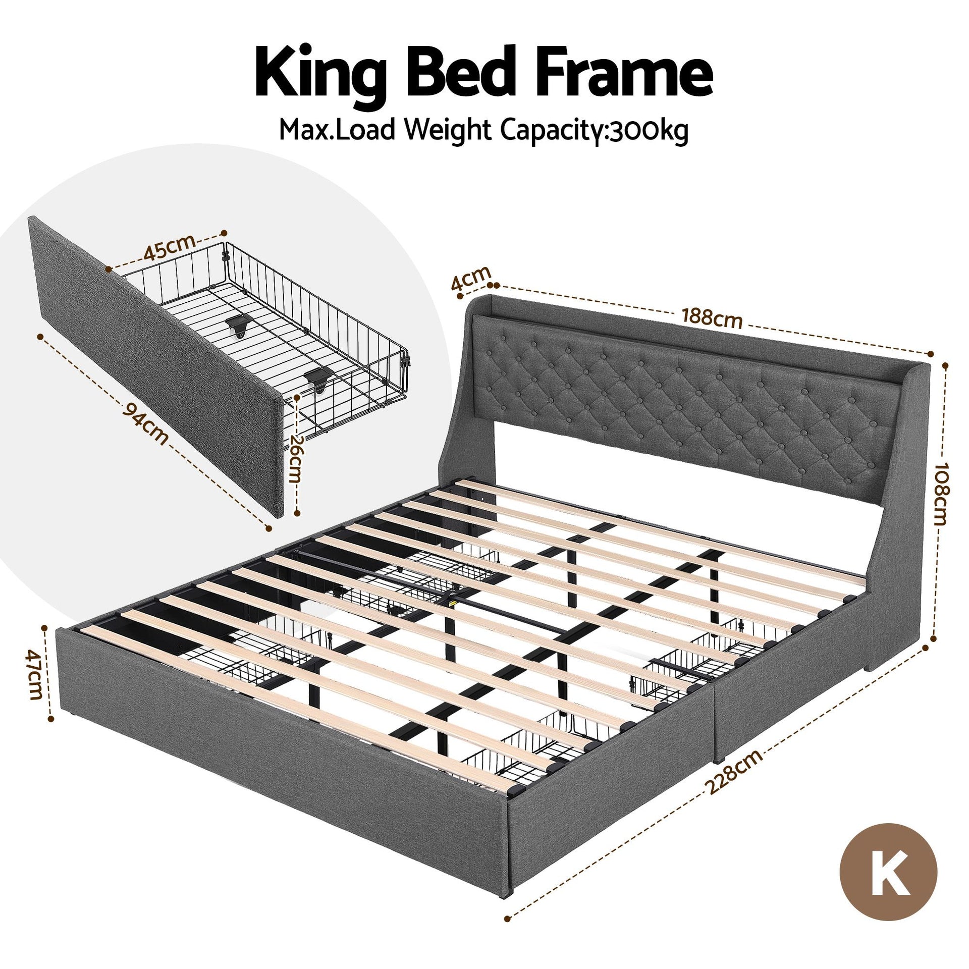 Artiss King Bed Frame with 4 Storage Drawers and Charging Station Tufted Wingback Headboard 300kg Loads Charcoal Grey Awezingly