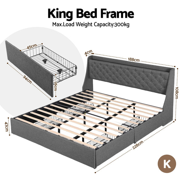 Artiss King Bed Frame with 4 Storage Drawers and Charging Station Tufted Wingback Headboard 300kg Loads Charcoal Grey Awezingly