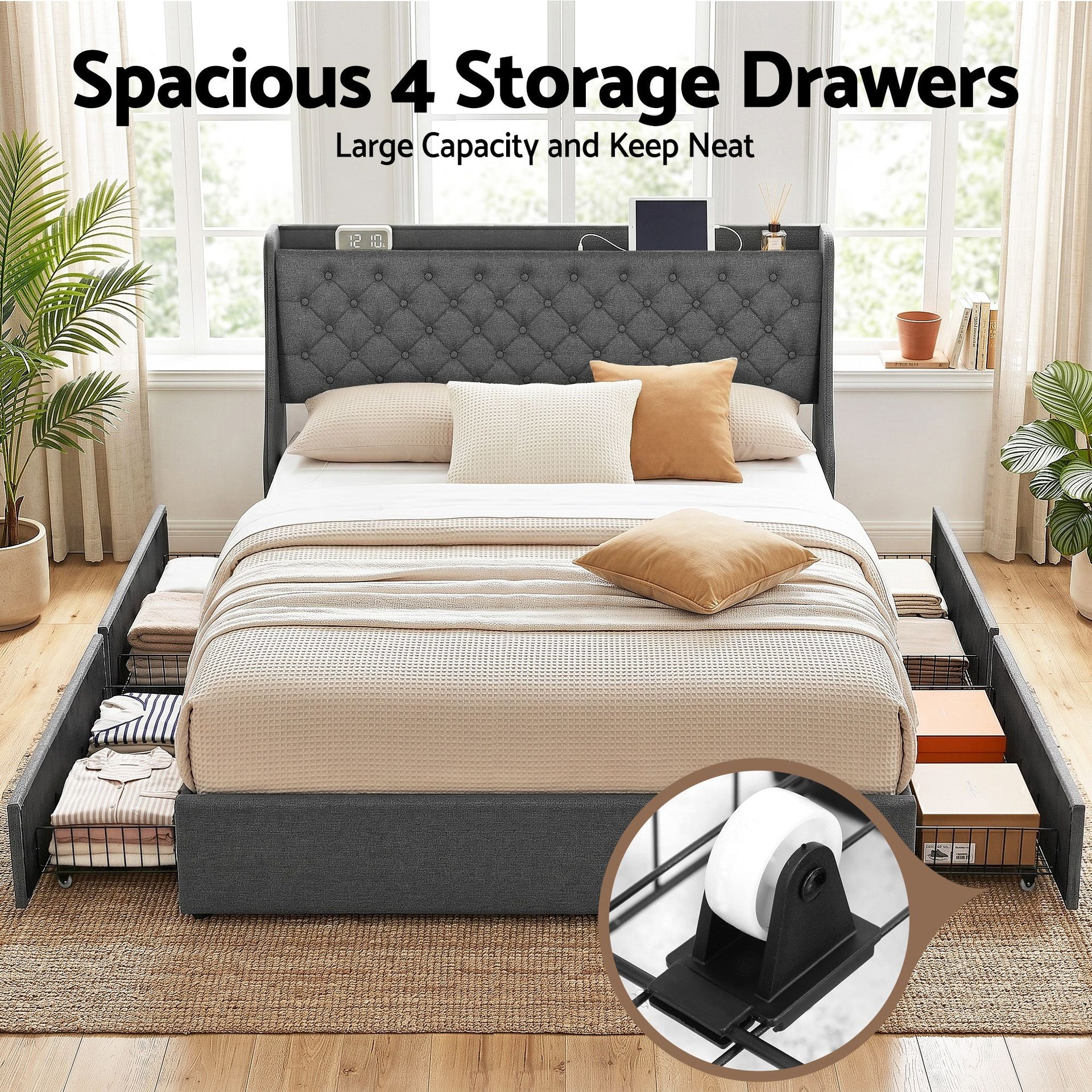 Artiss King Bed Frame with 4 Storage Drawers and Charging Station Tufted Wingback Headboard 300kg Loads Charcoal Grey Awezingly