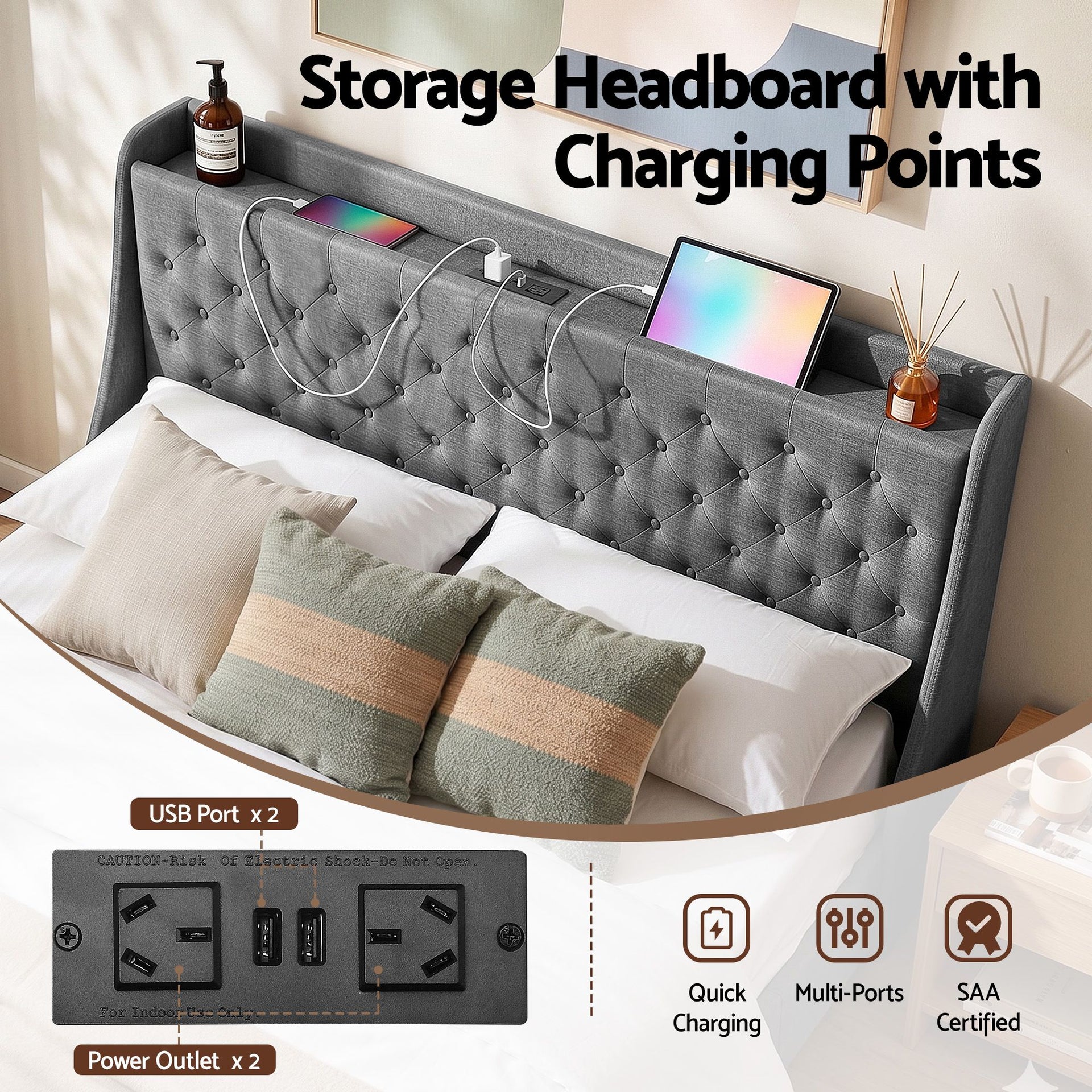 Artiss King Bed Frame with 4 Storage Drawers and Charging Station Tufted Wingback Headboard 300kg Loads Charcoal Grey Awezingly