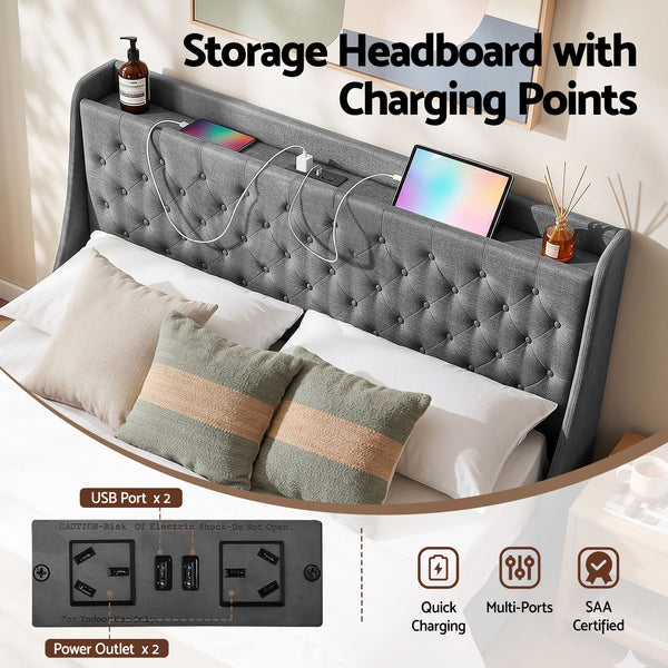 Artiss King Bed Frame with 4 Storage Drawers and Charging Station Tufted Wingback Headboard 300kg Loads Charcoal Grey Awezingly