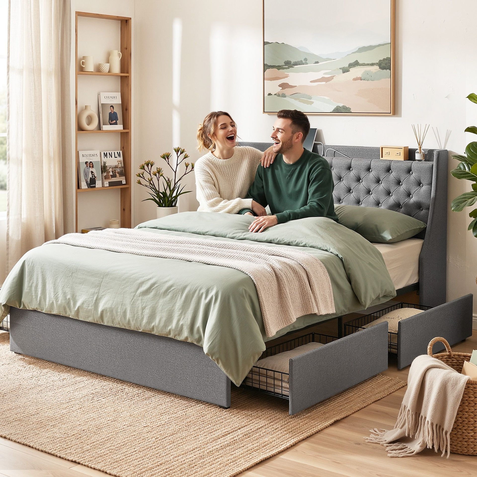 Artiss King Bed Frame with 4 Storage Drawers and Charging Station Tufted Wingback Headboard 300kg Loads Charcoal Grey Awezingly