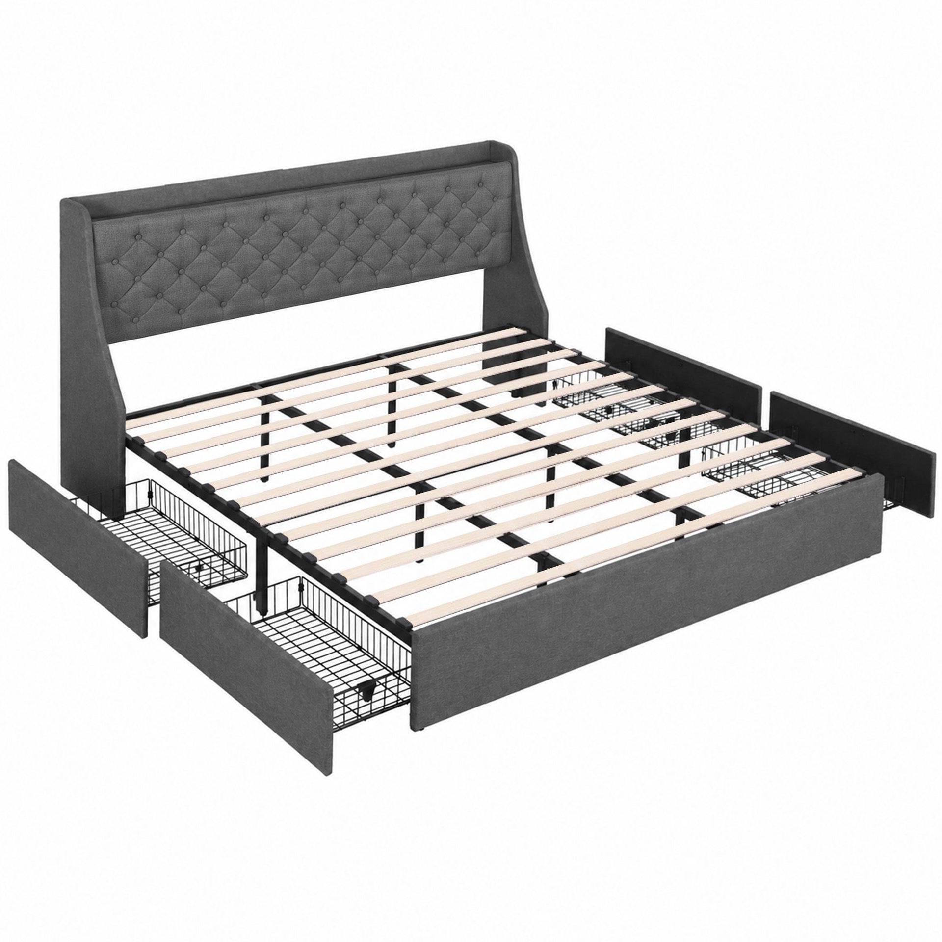 Artiss King Bed Frame with 4 Storage Drawers and Charging Station Tufted Wingback Headboard 300kg Loads Charcoal Grey Awezingly