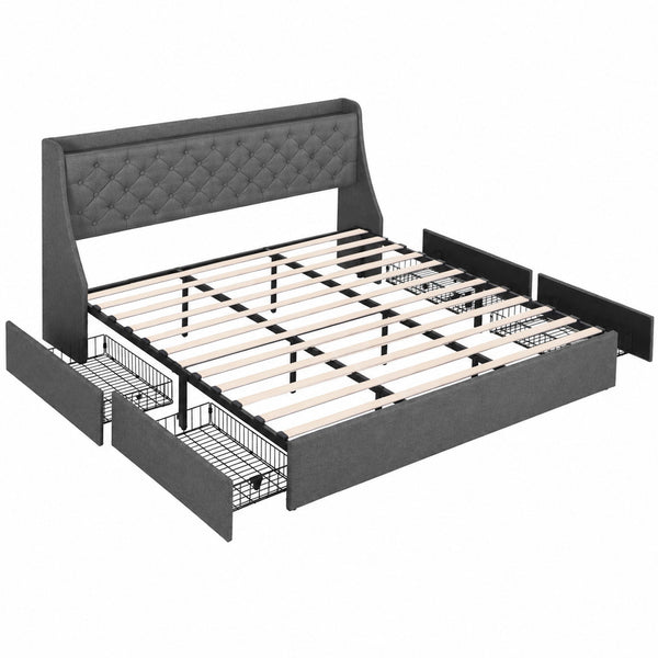Artiss King Bed Frame with 4 Storage Drawers and Charging Station Tufted Wingback Headboard 300kg Loads Charcoal Grey Awezingly