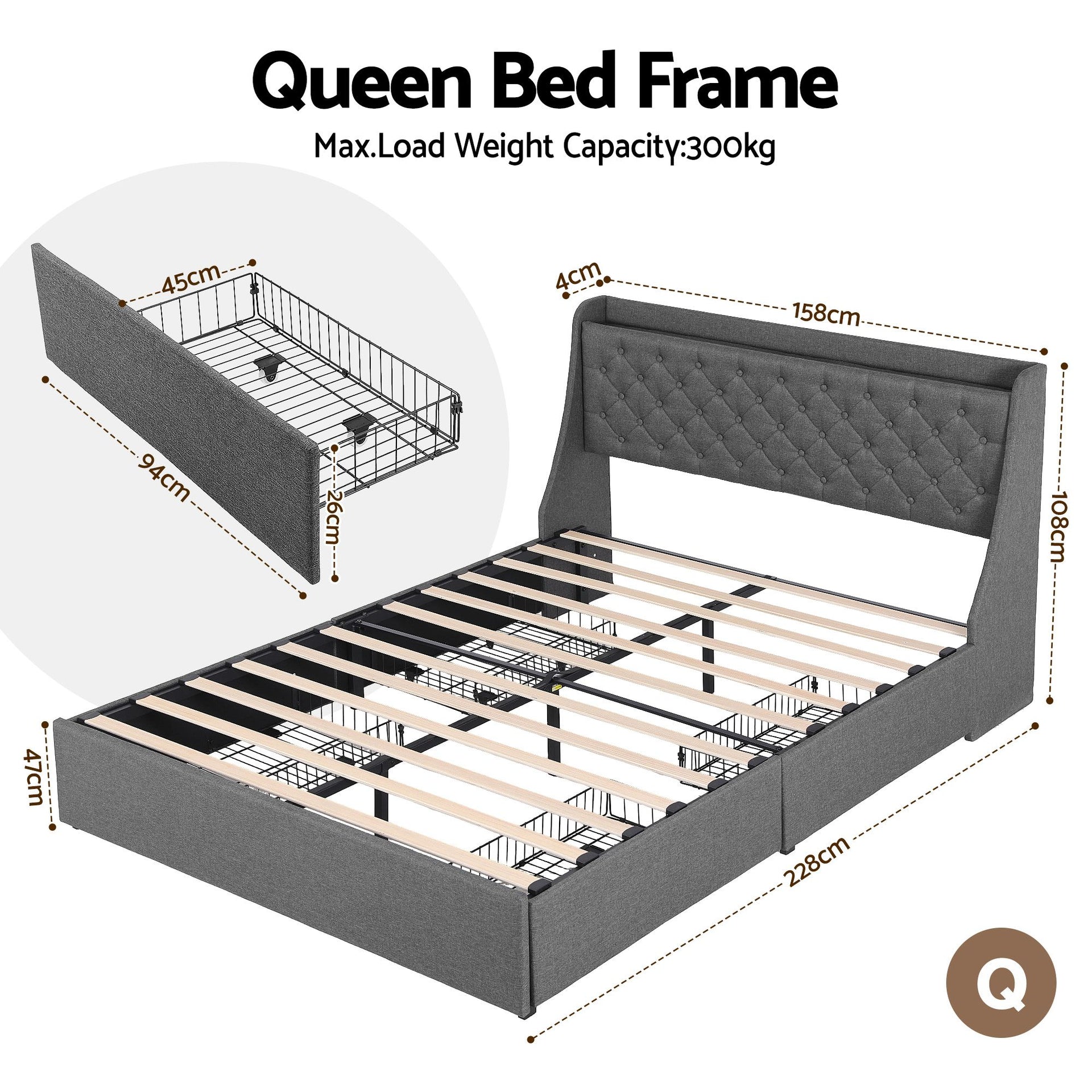 Artiss Queen Bed Frame with 4 Storage Drawers and Charging Station Tufted Wingback Headboard 300kg Loads Charcoal Grey Awezingly
