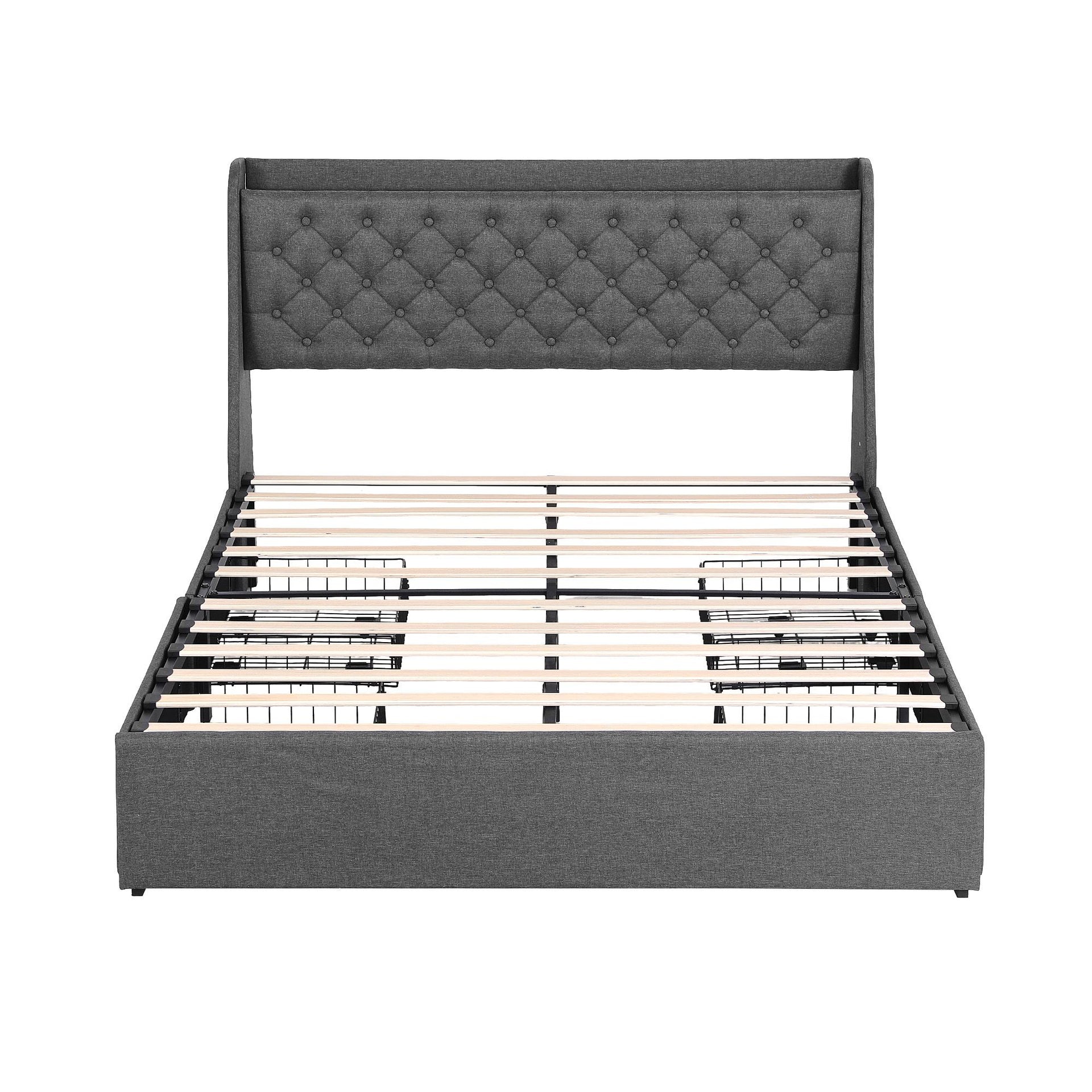 Artiss Queen Bed Frame with 4 Storage Drawers and Charging Station Tufted Wingback Headboard 300kg Loads Charcoal Grey Awezingly