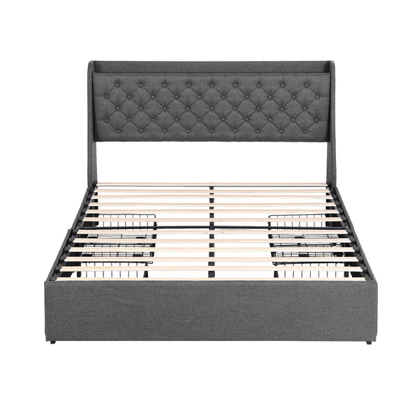 Artiss Queen Bed Frame with 4 Storage Drawers and Charging Station Tufted Wingback Headboard 300kg Loads Charcoal Grey Awezingly