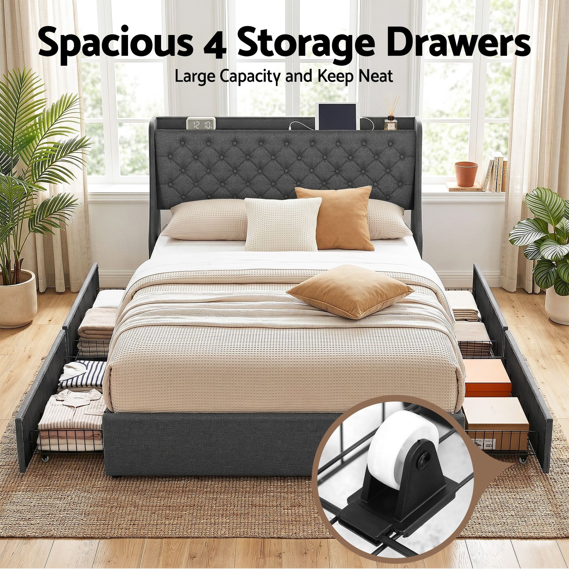 Artiss Queen Bed Frame with 4 Storage Drawers and Charging Station Tufted Wingback Headboard 300kg Loads Charcoal Grey Awezingly