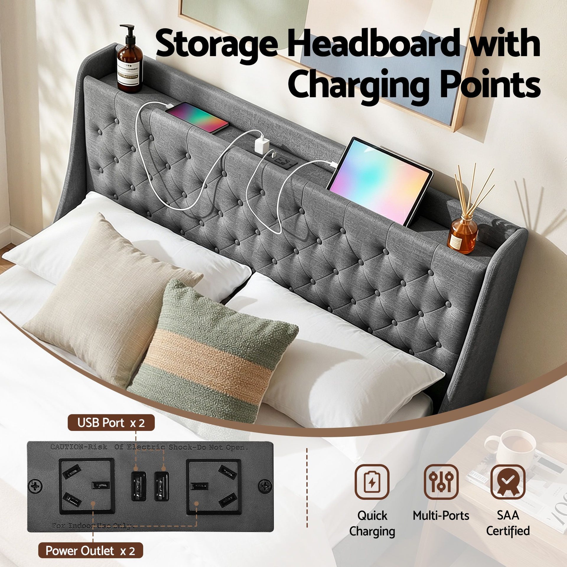 Artiss Queen Bed Frame with 4 Storage Drawers and Charging Station Tufted Wingback Headboard 300kg Loads Charcoal Grey Awezingly