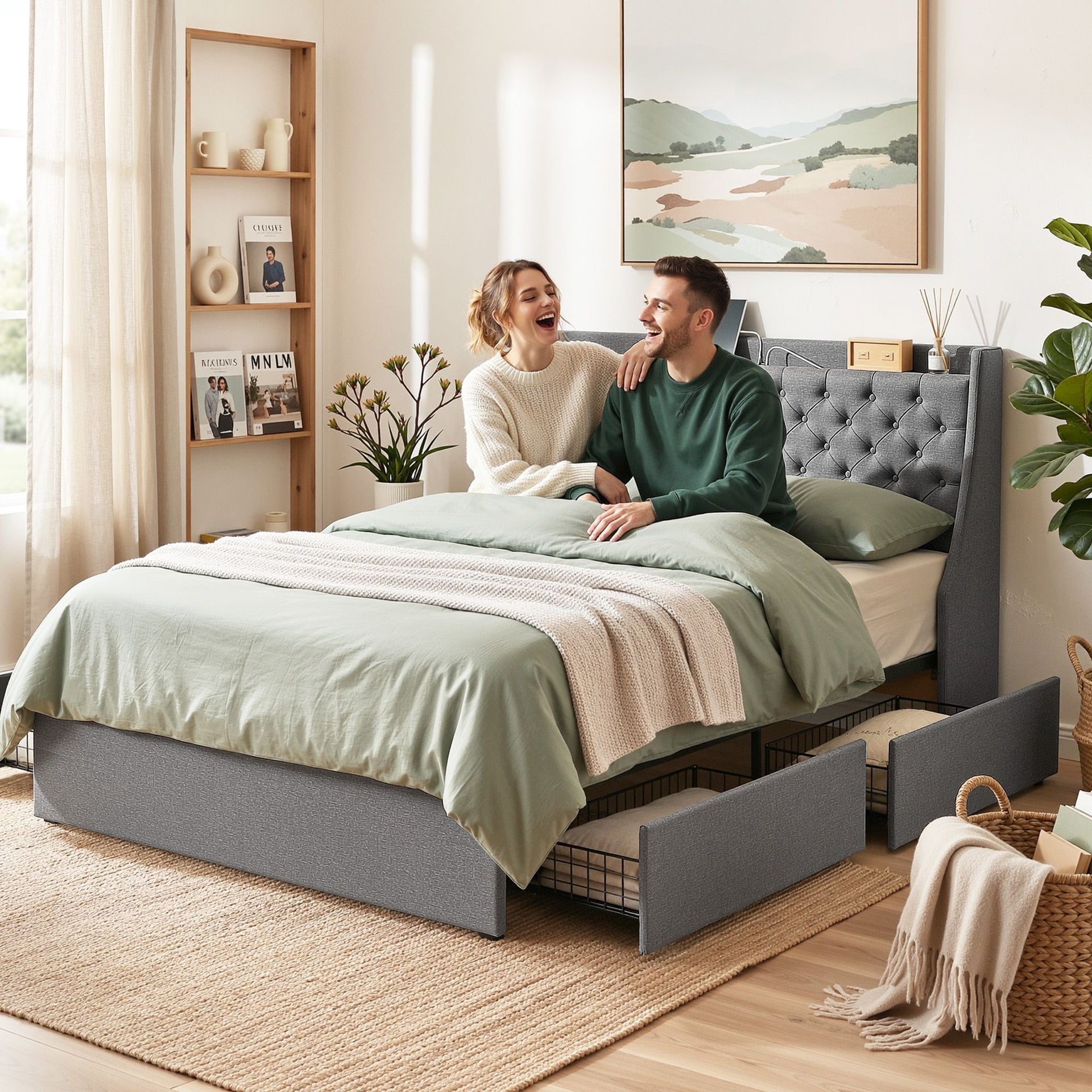 Artiss Queen Bed Frame with 4 Storage Drawers and Charging Station Tufted Wingback Headboard 300kg Loads Charcoal Grey Awezingly