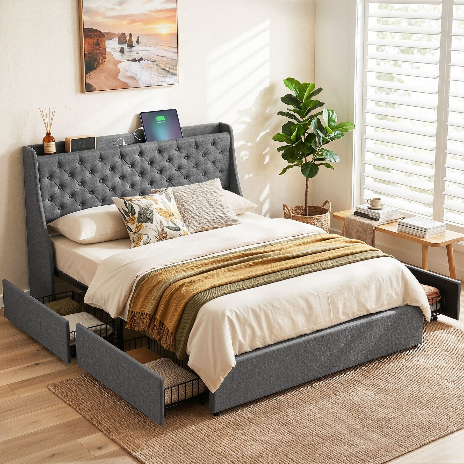 Artiss Queen Bed Frame with 4 Storage Drawers and Charging Station Tufted Wingback Headboard 300kg Loads Charcoal Grey Awezingly