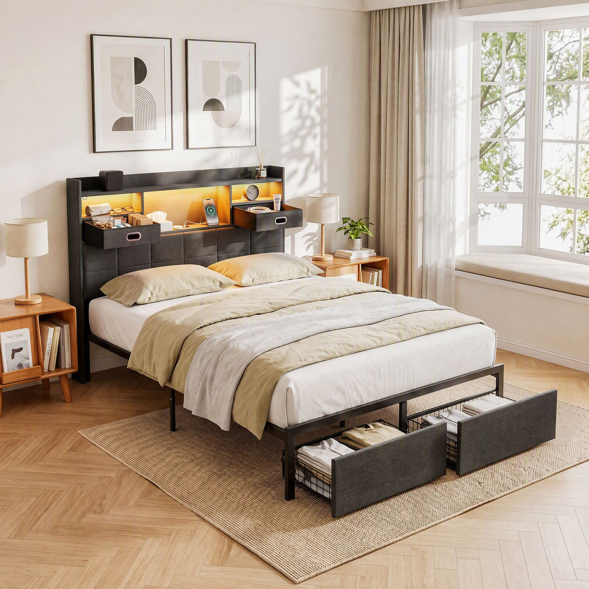 Artiss Double Bed Frame with 2 Storage Drawers & Headboard, USB Charging Station, RGB LED Light Awezingly