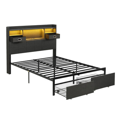 Artiss Double Bed Frame with 2 Storage Drawers & Headboard, USB Charging Station, RGB LED Light