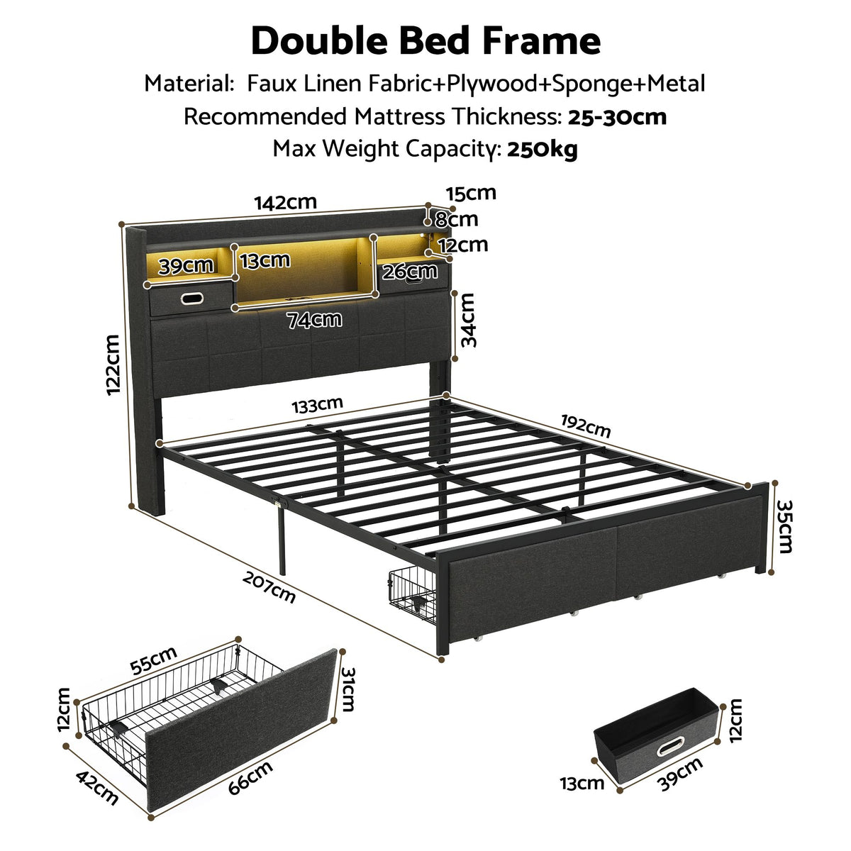 Artiss Double Bed Frame with 2 Storage Drawers & Headboard, USB Charging Station, RGB LED Light Awezingly