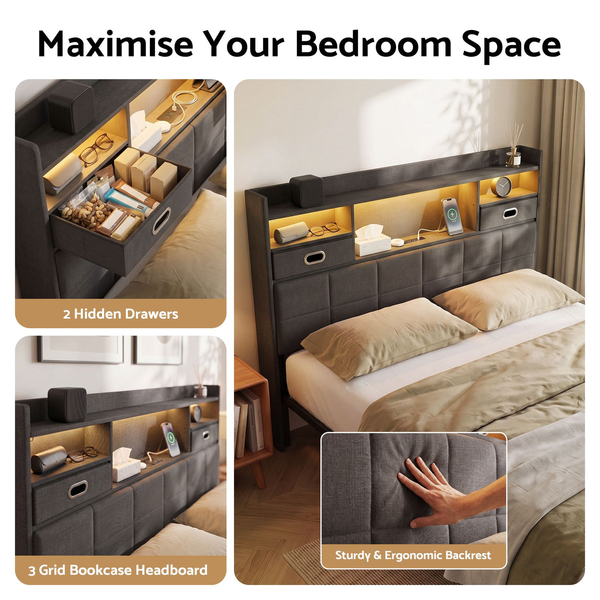 Artiss Double Bed Frame with 2 Storage Drawers & Headboard, USB Charging Station, RGB LED Light Awezingly