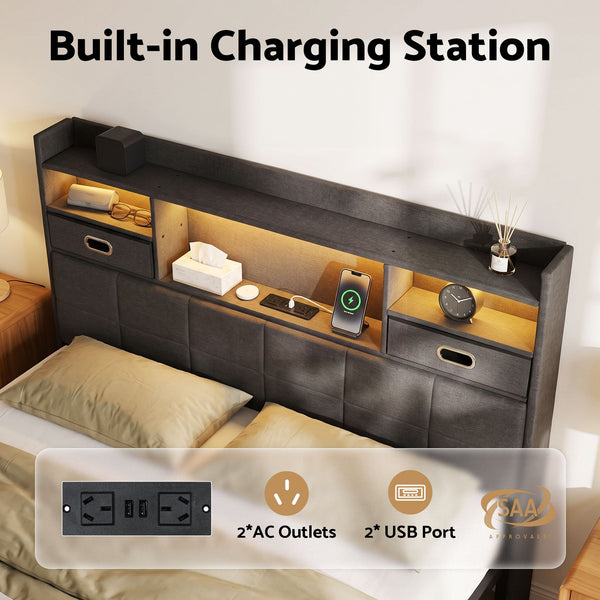 Artiss Double Bed Frame with 2 Storage Drawers & Headboard, USB Charging Station, RGB LED Light Awezingly