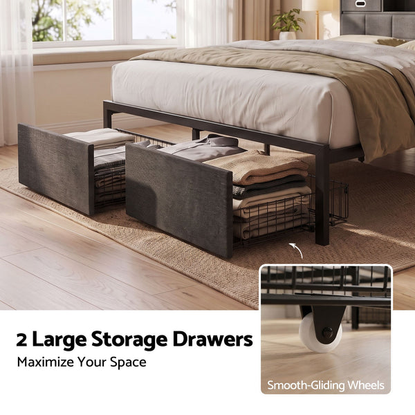 Artiss Double Bed Frame with 2 Storage Drawers & Headboard, USB Charging Station, RGB LED Light Awezingly