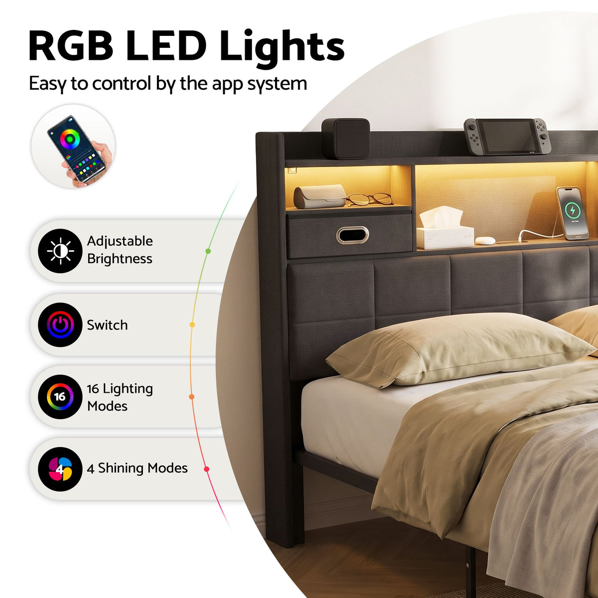 Artiss Double Bed Frame with 2 Storage Drawers & Headboard, USB Charging Station, RGB LED Light Awezingly