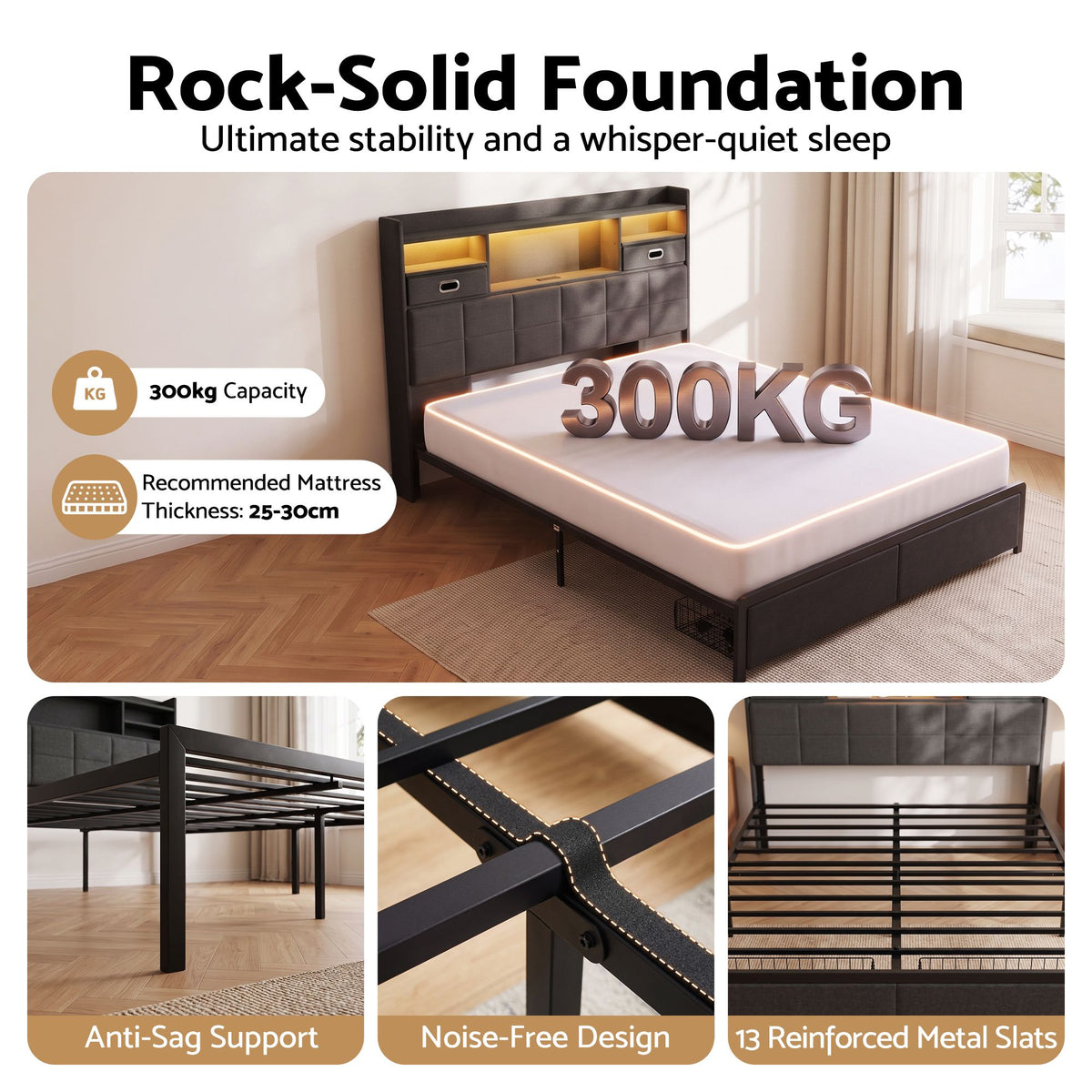Artiss Double Bed Frame with 2 Storage Drawers & Headboard, USB Charging Station, RGB LED Light Awezingly