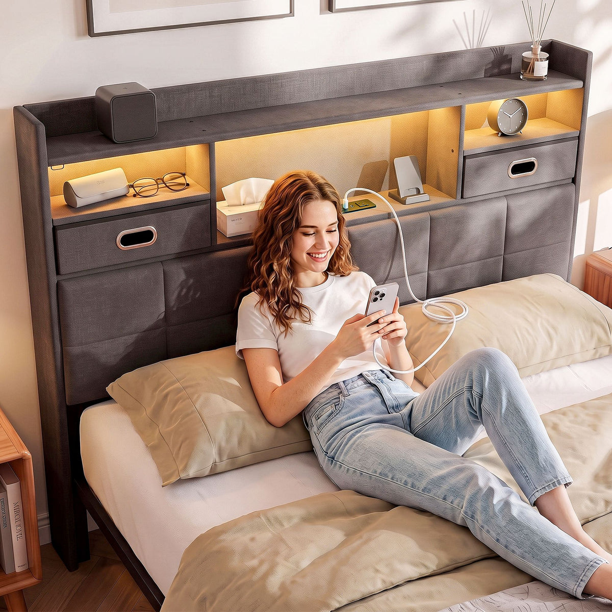 Artiss Double Bed Frame with 2 Storage Drawers & Headboard, USB Charging Station, RGB LED Light Awezingly