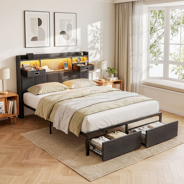 Artiss Queen Bed Frame with Storage Drawers & Headboard, 2 Drawer, USB, LED Awezingly
